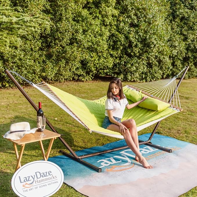 Lazy Daze Hammocks Quilted Fabric Double Hammock with Pillow, Spreader Bar Swing for Two Person (Light Green)