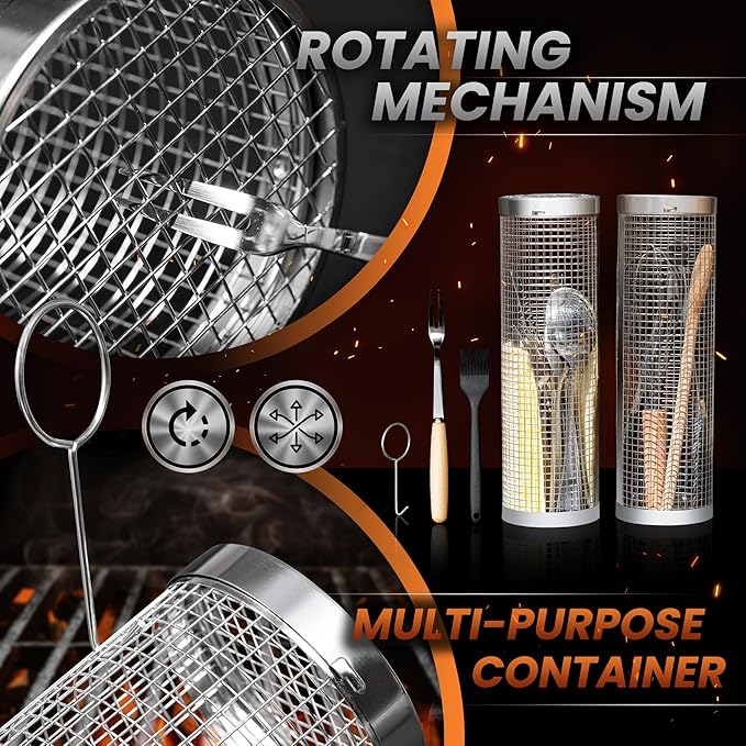 2PCS Rolling Grill Baskets for Outdoor Grill, Big Green Egg Accessories-Set Includes Fork, Hook, and Oil Brush-304g Stainless Steel-Perfect Gifts for Dad, Camping Must Haves, Unique Outdoor Gifts