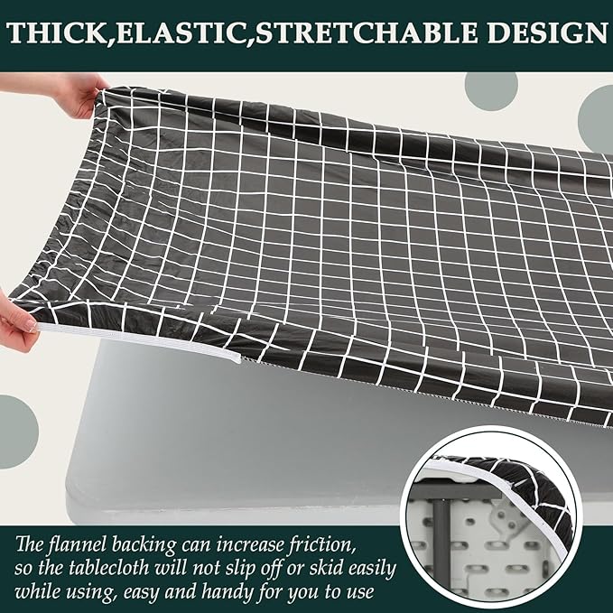 3 Pcs Plastic Picnic Table Cover Checkered Tablecloth Fitted Rectangular Table Cloth 30 x 72 Inch Vinyl Waterproof Flannel Backed with Elastic Rim for Indoor Outdoor Picnic Party(Black and White)