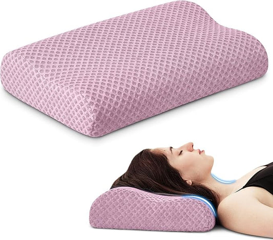 Travel Pillow Memory Foam Pillows, Ergonomic Wave Cervical Neck Pillow for Neck Pain Relief, Compressible Medium Firm Side Sleeper Pillow, Ideal for Camping, Office, Home & Bed (Pink, L)
