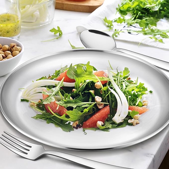 Homikit Stainless Steel Kids Plates Set of 4, 8 Inch 304 Metal Dinner Plates for Kids Toddler Children, 4-Piece 18/8 Non Toxic Dinner Dishes Set for Serving Camping, Dishwasher Safe & Reusable