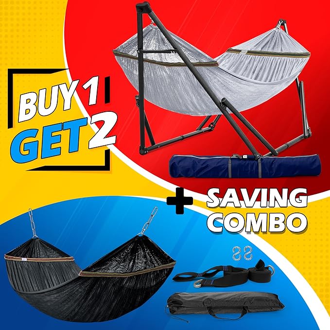 Tranquillo Combo x2 Hammocks with Stand for Outside & Tree Straps, Heavy Duty Hammock with Stand 600lbs for Indoor Outdoor Patio Backyard, x2 Hammocks for 2 Person, Portable Carrying Bags, Gray