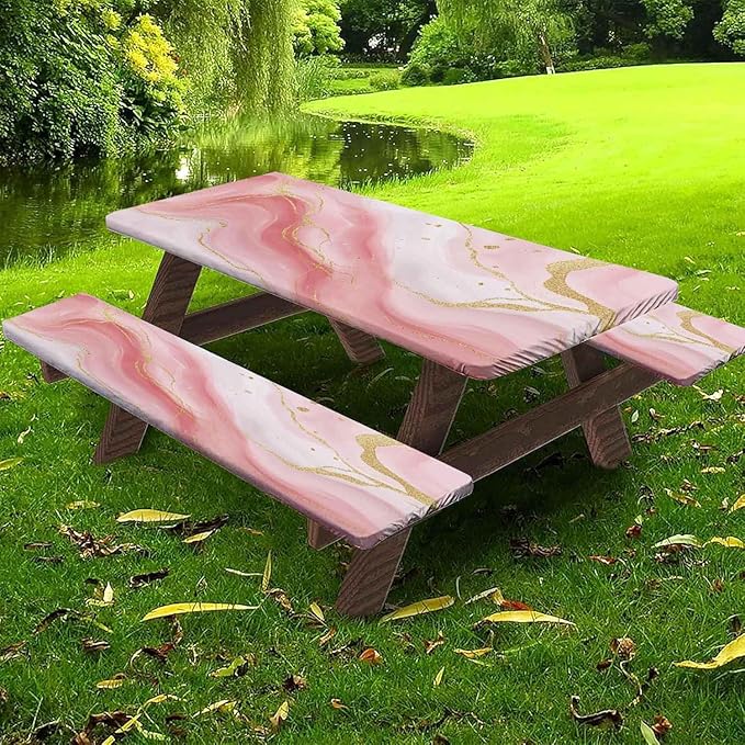 CAPSCEOLL Fitted Picnic Table Cover with Bench Covers with Elastic 8Ft Waterproof Picnic Table Cloths Windproof Outdoor Camping Tablecloth with Drawstring Bag, 96X30in, Pink Marble