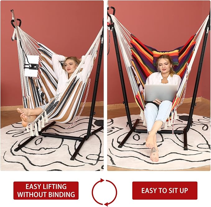 ZEYU Hammock Chair with Stand Double Hammock Chair Bohemian Style with Tassel Mobile Phone Support Manual Adjustable Swing Indoor and Outdoor Garden Porch with Floor mat Reclining Capacity 400 pounds