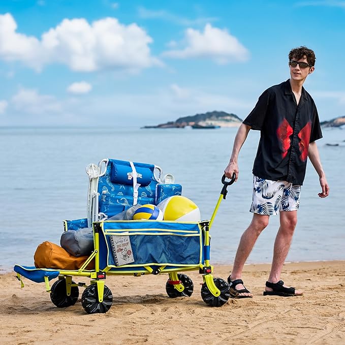 49" L Extra Long Beach Wagon with Tailgate,Big Wheels with Brake for Sand, Collapsible Utility Beach Cart Heavy Duty Folding Wagon,Ideal for Outdoor Sand Camping Garden Pet