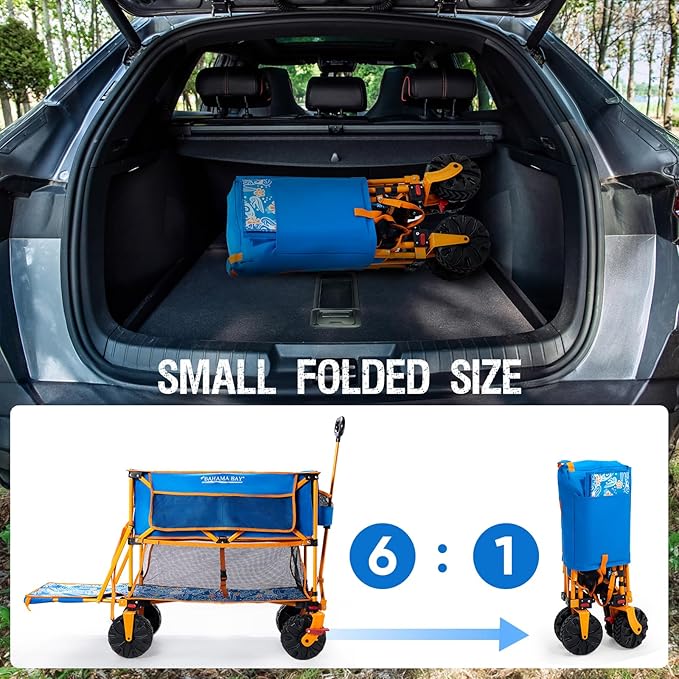 400L Collapsible Double Decker Beach Wagon with Brakes, Folding Beach Cart with 54" Extra Long Decker, 450LBS Heavy Duty Wagon Chart with All-Terrain Big Wheels for Sand Camping Garden