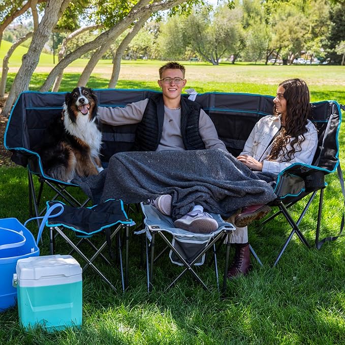 FUNDANGO Double Camping Chair with Cooler, 3 Person Folding Oversized Loveseat Camp Chairs for Adults Fully Padded Couch with Cup Holder Carry Bag for Outdoor Lawn Beach Patio Support 1000 LBS