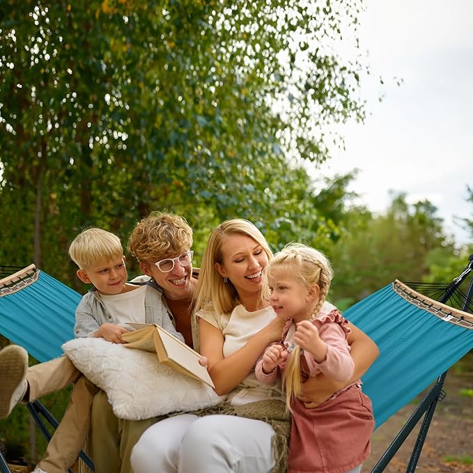 Tranquillo Hammock with Stand Heavy-Duty, Hammock Quick Fold Unfold, Steel Frame Hammock Canvas, Portable Hammock Stand Spreader Bar, 600 lbs Capacity Portable Relaxation Gear, Blue