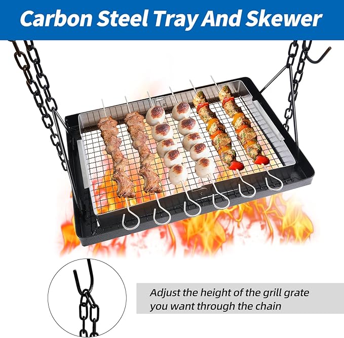 Campfire Swing Cooking Grill Stand, Collapsible Campfire Cooking Rack with Adjustable Iron Grill Grate and Hooks for Outdoor BBQ Picnic Cookware Party Dutch Oven