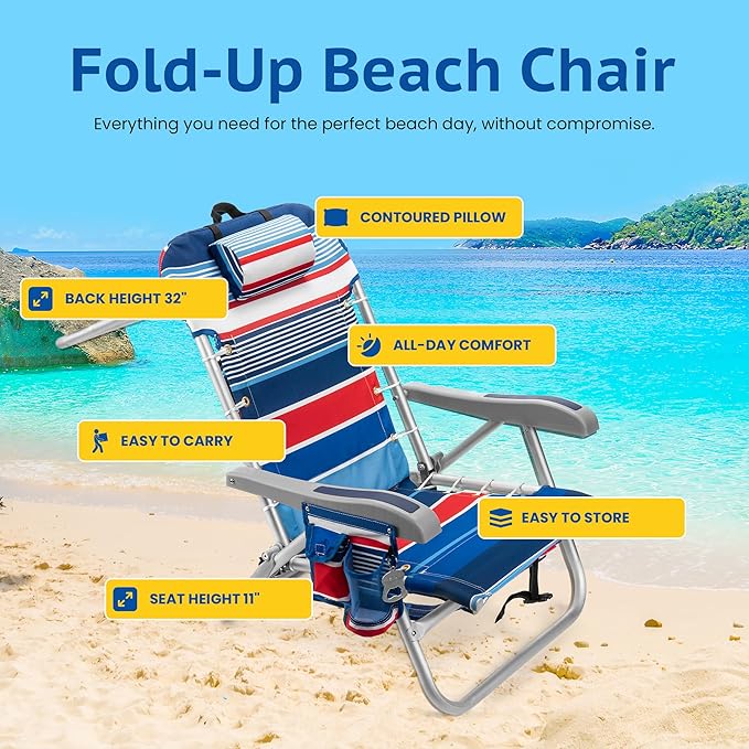 Homevative Backpack Fold-Up Beach Chair, 5 Positions, Towel bar, Cooler, Storage Pouch, Cup Holder and Phone Pocket