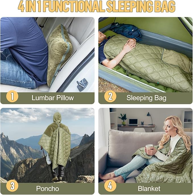 Night Cat Sleeping Bag for Camping - 4 in 1 Poncho for Adults Ultralight Wearable Quilt 3 Seasons Suitable for 1 Person