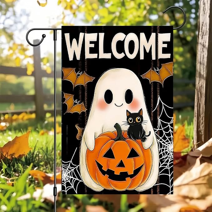 Halloween Garden Flag 12X18 Inch Double Side,Pumpkin Ghost Yard Flag, Welcome Jack O Lantern Small Garden Flag,Yard Outdoor Flag for Holiday Outside Patio Lawn Decoration