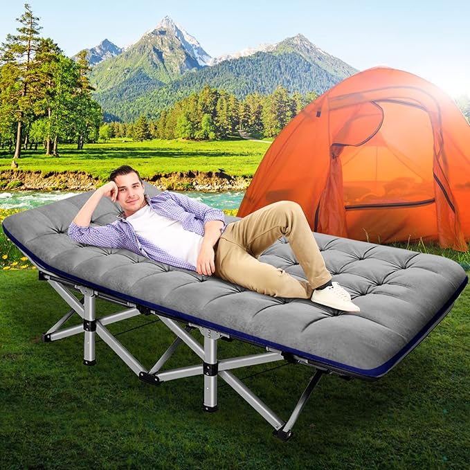 ABORON Folding Camping Cot W/Mat for Adults, Heavy Duty Outdoor Bed with Carry Bag,1200 D Layer Oxford Travel Camp Cots
