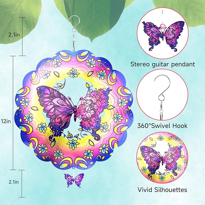 Butterfly 12 Inch Wind Spinners Garden Yard Decor Gift for Women Men, Outdoor Purple Metal 3D Wind Spinner, Stainless Steel Hanging Wind Catchers Sculpture for Outside Decoration