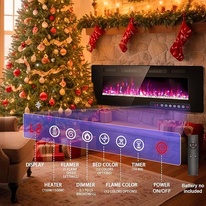 BREEZEHEAT 72 Inch Ultra Thin Electric Fireplace-Freestanding or Recessed Wall Mounted Fireplace Heater, Remote Control, Touch Screen, 750W/1500W, 8H Timer for Living Room, Bedroom, Office