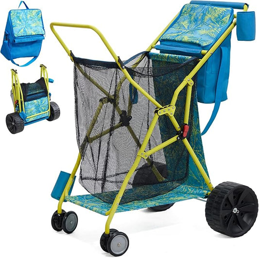 Beach Cart with Big Wheels for Sand, Collapsible All-Terrain Beach Wagon with Cooler Bag & Umbrella Holder, Large Mesh Storage, Supports 100lbs for Camping, Outdoor, Shopping, Palm Print