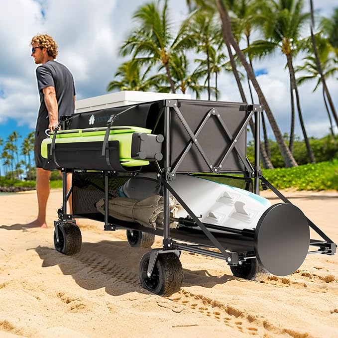 400L Folding Double Decker Wagon, 560LBS Heavy Duty Utility Cart with Brakes, Wagon Cart with Wheels Foldable, All-Terrain Big Wheels for Camping, Beach, Picnic, Outdoor Use, Black