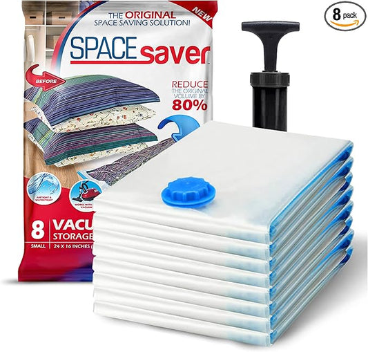 8 Pack Small Vacuum Storage Bags for Comforters, Blankets & Clothes – Vacuum Sealed Compression Bags with Hand Pump – Space Saver Storage Bags for Bedding, Moving, Travel & Organization