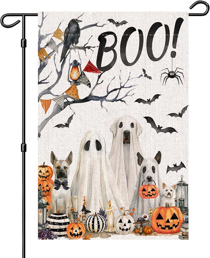 Halloween Boo Garden Flag 12x18 Inche Double Sided, Scary Spooky Dog Ghost Bat Pumpkins Autumn Burlap Garden Flags for Halloween Themed Party Farmhouse Holiday Seasonal Decor