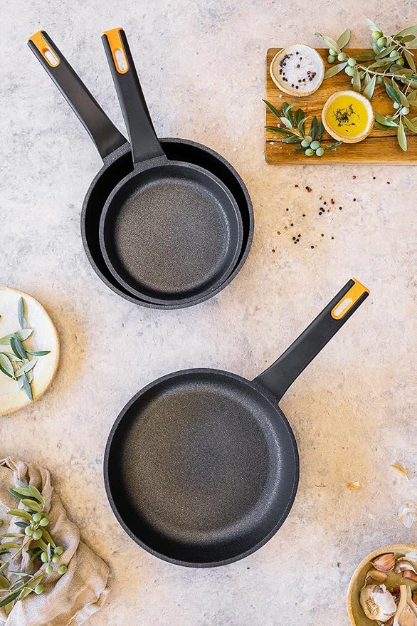 BRA COOKWARE Efficient Pro 3 Frying Pan Set | 8 + 9.5 + 11 inches Cast Aluminum Frypans | Profile Plus Non-Stick | All Heat Sources Compatible | PFOA Free | Heat-Resistant Handle | Non Deformable