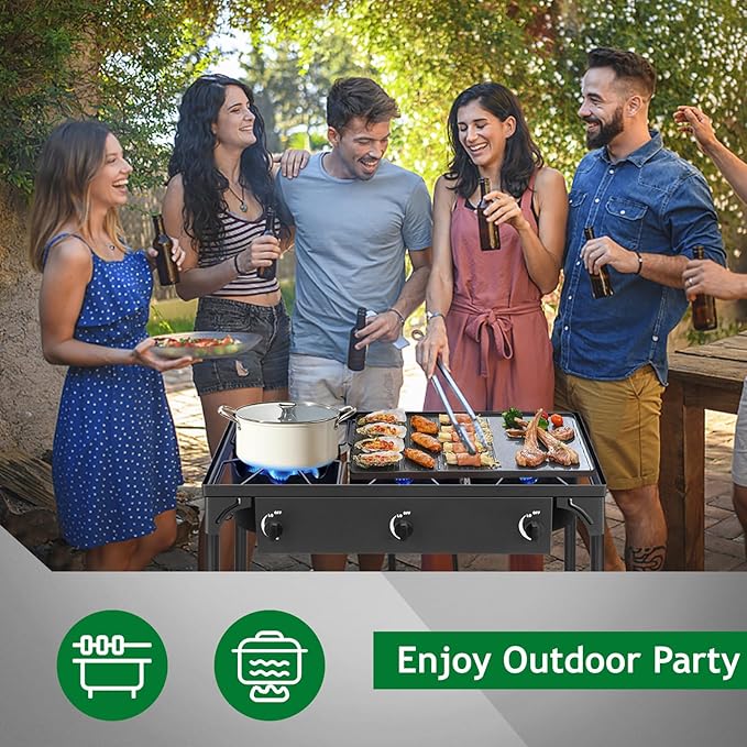 Outvita 3 Burner Propane Gas Stove for Outdoor Cooking, 225,000 BTU Camping Cooker with Removable Legs, Temperature Control Knobs for Backyard Cooking, BBQ, Baking and Frying