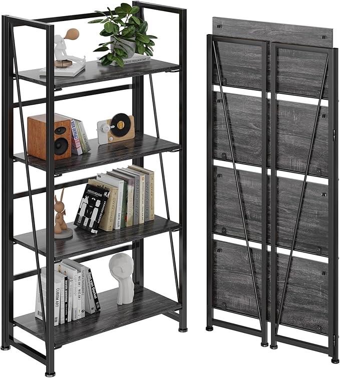 BHG Vintage Multifunctional Folding Bookshelf, No-Assembly Plant Stand Storage Rack Shelves for Home Office (Gray, 4-Tier)