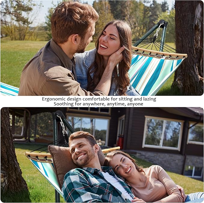 Tranquillo Sturdy Steel Hammock with Stand Premium Cotton Canvas Hammock, 600 lbs Capacity Hammock Stand Folding, Portable 30-Second Fold Unfold for Camping, (Canvas - Blue Leaf)