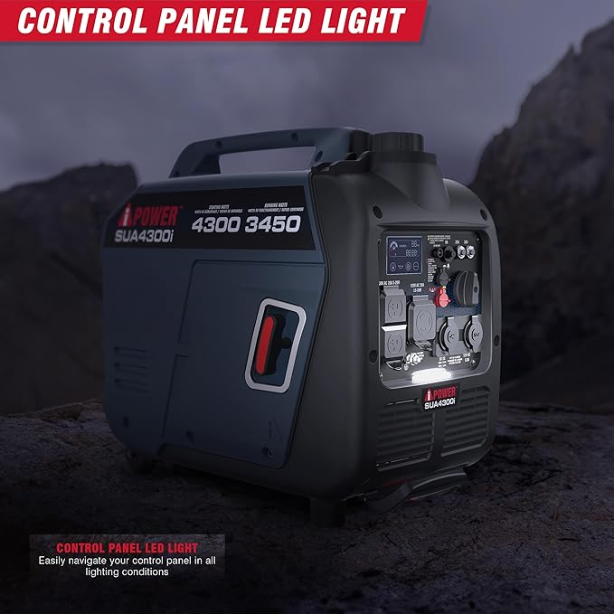 A-iPower Portable Inverter Generator Gas, 4300W RV Ready, EPA & CARB Compliant CO Sensor, Portable Light Weight With Telescopic Handle For Backup Home Use, Tailgating & Camping (SUA4300i)