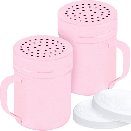 CUSINIUM 10oz Pink Stainless Steel Salt Pepper Dredge Shakers - With Plastic Cap - With Handle - Pack of 2