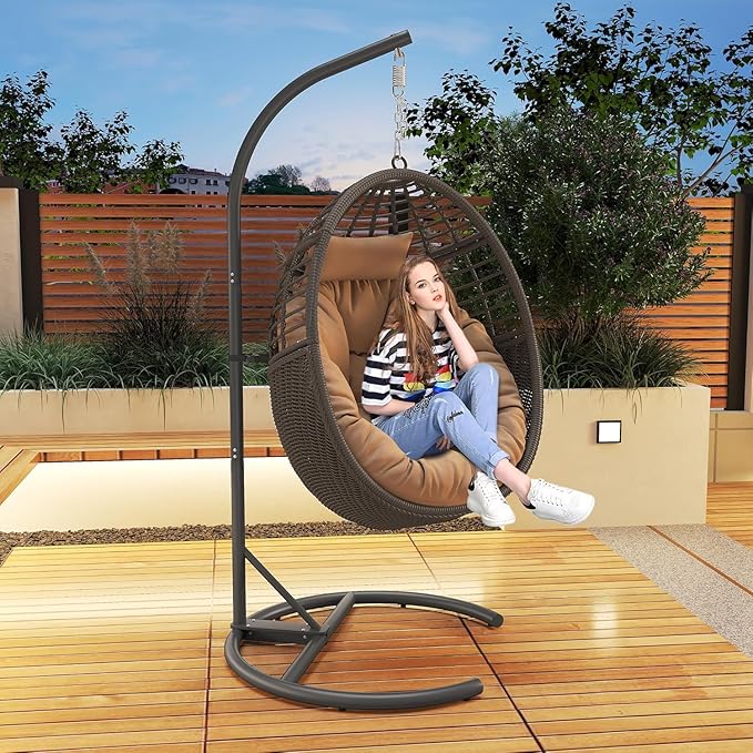 TWT Hanging Egg Chair with Stand, 330lbs Capacity Patio Wicker Egg Swing Chair with UV Resistant Cushion for Bedroom Garden Indoor Outdoor (Dark Brown)
