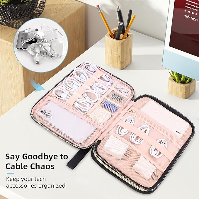 Electronics Organizer Travel Case, Charger Bag Cord Organizer Travel, All-in-One Cable Organizer Bag for Charger, Cords, Phone, Headphones, Flash Drive, SD Card (Black, Large-Double Layer)