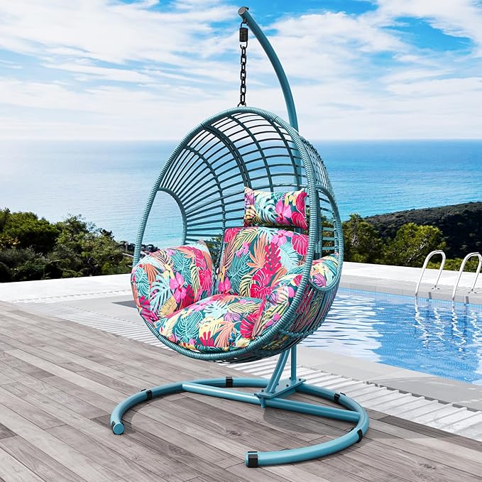Hanging Egg Chair with Stand - Egg Swing Chair Outdoor Indoor Patio Wicker Chair Swing Hammock Egg Chairs 400lbs Capacity for Outside Patio, Bedroom, Garden and Balcony (Blue-Regular, 1 PC)