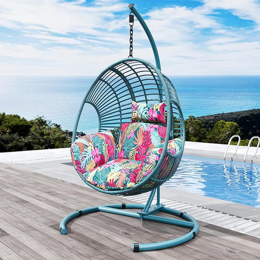 Hanging Egg Chair with Stand - Egg Swing Chair Outdoor Indoor Patio Wicker Chair Swing Hammock Egg Chairs 400lbs Capacity for Outside Patio, Bedroom, Garden and Balcony (Blue-Regular, 1 PC)