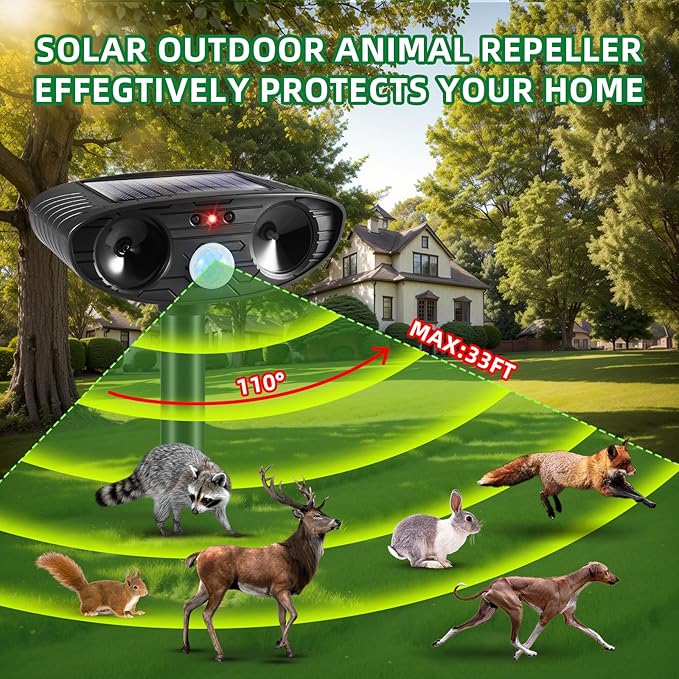 2Pack Deer Repellent Device Ultrasonic Raccoon Repellent Outdoor Solar Animal Repeller with Motion Detection Cat Deterrent Outdoorto Scare Rabbit Dog Coyote Squirrel Skunk Repellent for Yard 2025