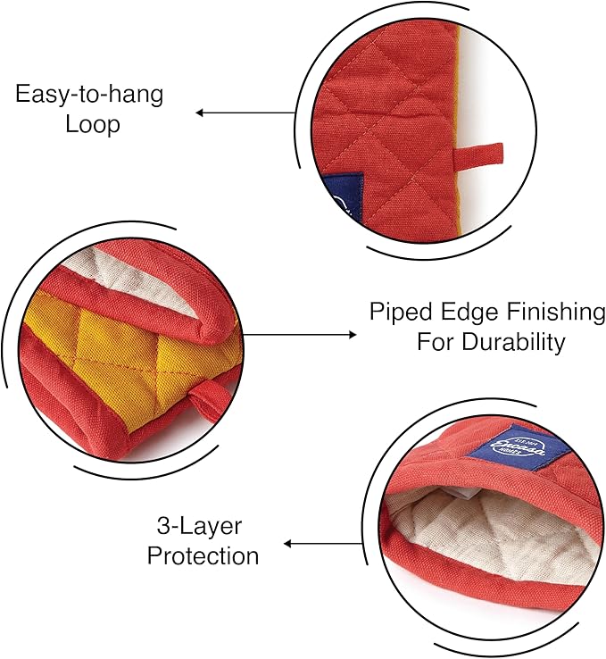 Encasa XO Heat Resistant Cotton Oven Gloves Mitts (2 Pc Set) - Quilted & Safe 12x7 in - for Kitchen, Cooking & Baking, Grilling, Handling Hot Pots & Pans - Mango