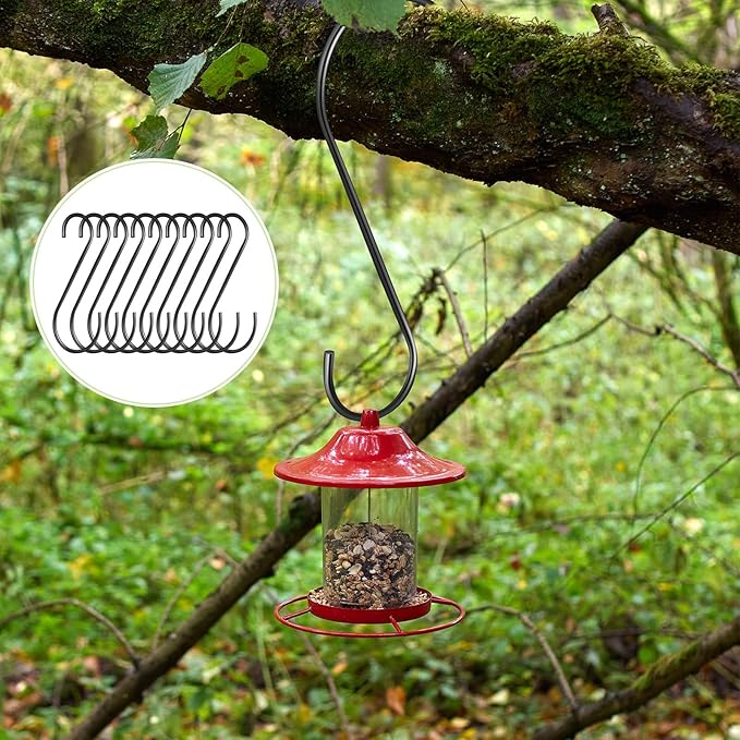 12 Pack Large S Hooks for Hanging Plants Black Metal Plant Hanger Outdoor Hanging Tree Hooks for Branch, Bird Feeder, Basket, Lantern, Indoor Closet Garden (12 Inch)