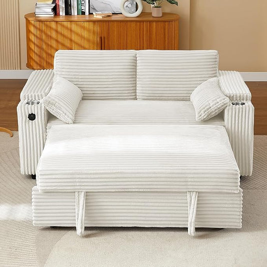 68.11" Corduroy Sleeper Chair Bed with USB Port, Cup Holders & Side Storage Pockets – 3-in-1 Foldable Sofa Bed for Guest Room, Living Room – White