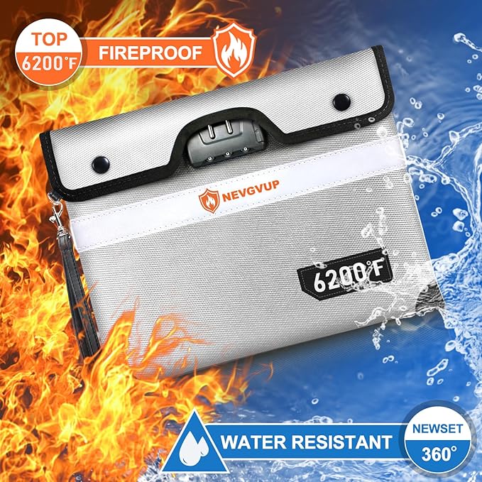 6200°F Fireproof Document Bag with Lock, Upgraded Fire proof Money Bag for Cash with Zipper/Reflective Strip, 9 Layer of Heat Insulated Material, Water Resistant Fireproof Bags for Documents,Safe Bags