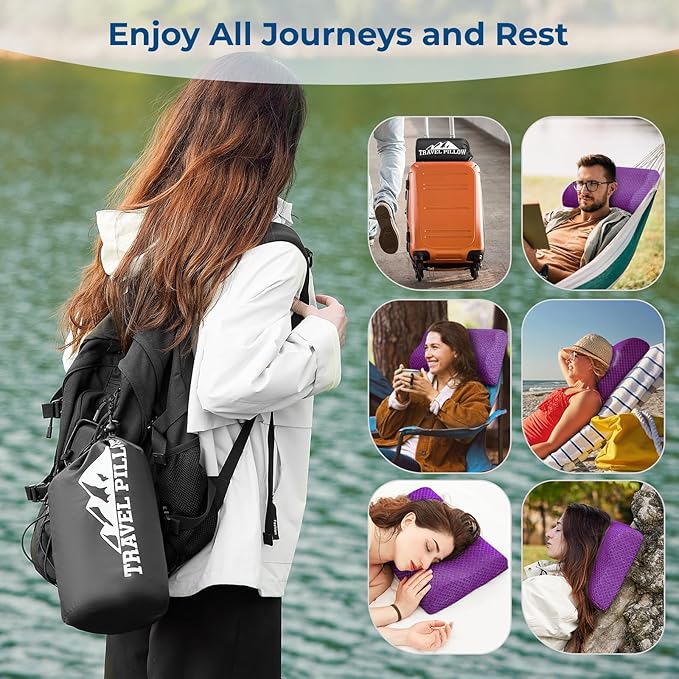 Travel Pillow Memory Foam Pillows, Ergonomic Wave Cervical Neck Pillow for Neck Pain Relief, Compressible Medium Firm Side Sleeper Pillow, Ideal for Camping, Office, Home & Bed (Purple, M)