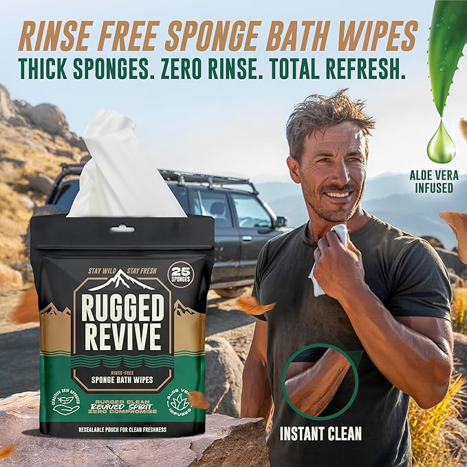 Disposable No Rinse Bathing Wipes – Rinse-Free Sponge Bath for Adults & Kids - Thick Body Wipes with Aloe for Camping, Hiking, Travel, Backpacking, Outdoor & Off-Grid Use – (25 Pack)