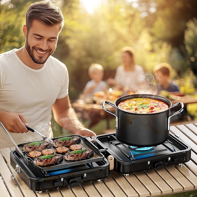 AFFLUENT 2 Burner Propane Camping Stove with Grill and Storage Bag- A Must - Have Camp Stove Propane! Foldable, Featuring Two Adjustable Burners Ideal Portable Camping Stove for Camping & BBQ(Black)