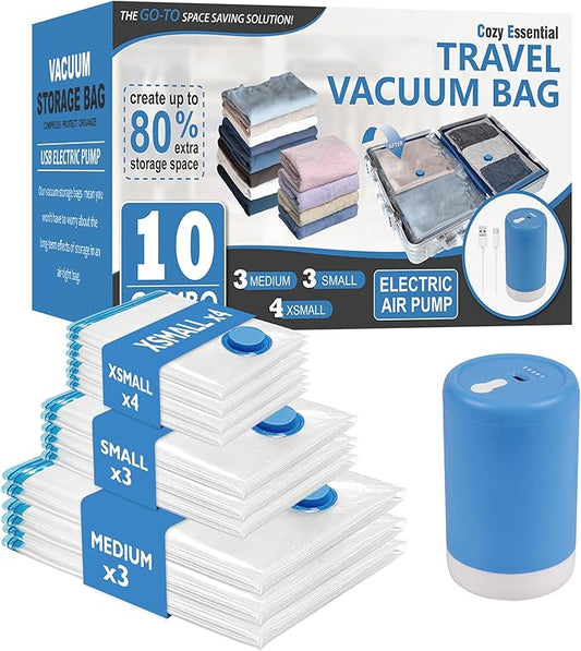 Cozy Essential Travel Vacuum Bags with Electric Pump, 10 Pack Vacuum Travel Bags for Luggage and Suitcase, Vacuum Seal Space Saver Compression for Clothes Clothing