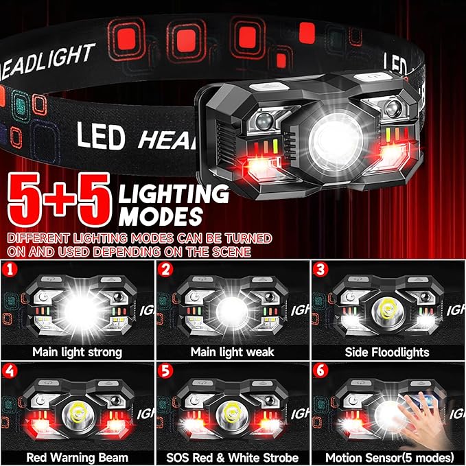 Headlamp Rechargeable 6Pack, 3000 Lumen Ultra-Light Bright Headlamp Flashlight with White Red Light, LED Headlight Motion Sensor, 5+5 Mode for Outdoor Camping Fishing Running Hiking (6)