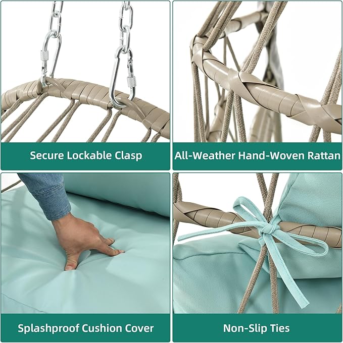 YITAHOME Hanging Egg Chair Without Stand, Rattan Wicker Swing Egg Chair with Resistant Cushion, 350lbs Capacity, Foldable Hanging Basket Chair for Porch, Garden, Bedroom, Balcony - Sky Blue