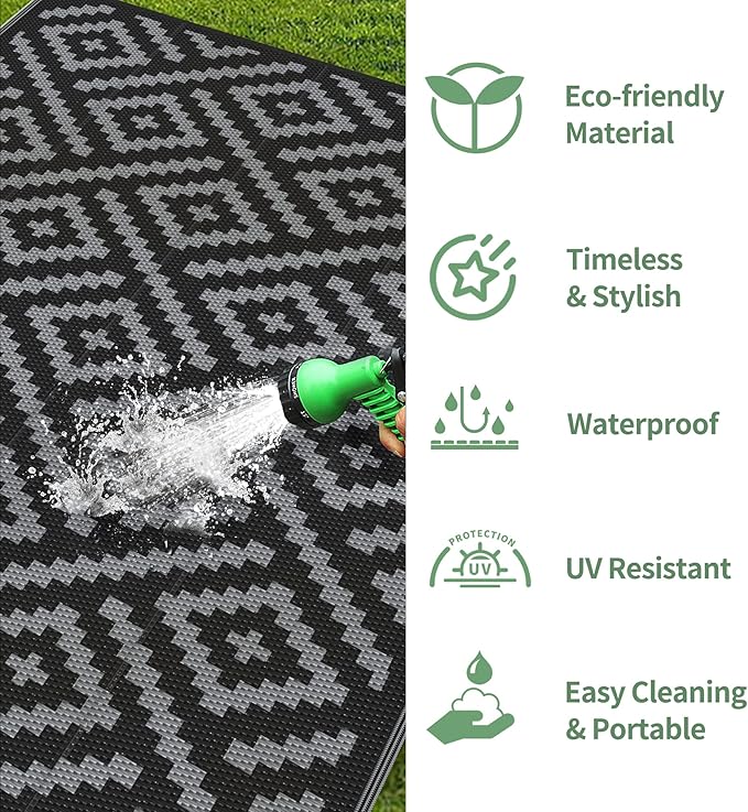 GENIMO Outdoor Rug for Patio Clearance,5'x8' Waterproof Mat,Reversible Plastic Camping Rugs,Rv,Porch,Deck,Camper,Balcony,Backyard,Black & Gray