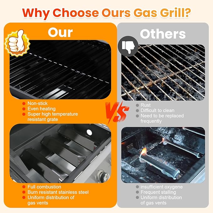 3-Burner Propane Gas BBQ Grill with Porcelain-Enameled Cast Iron Grates, Baking Sheet, 2 Foldable Side Table, 36,900 BTU Stainless Steel Grill for Outdoor Camping Barbecue Grilling Backyard Cooking