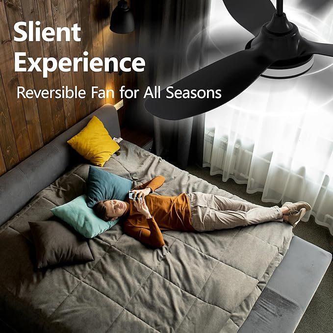 42 Inch Ceiling Fan with Light and Remote, Modern 3 Blade DC Motor Quiet Fan, Dimmable RGB LED, Reversible ABS Blades, for Bedroom Living Room(Black)