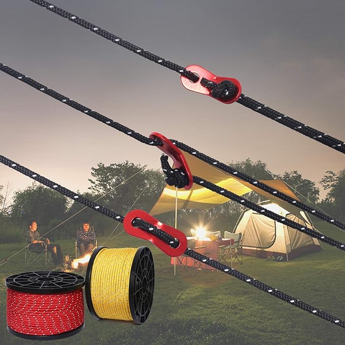 HIKEMAN 50m Reflective Guyline Solid Braid Nylon Camping Rope with Aluminum Adjuster Cord Tensioner Tent Accessory for Outdoor Travel,Hiking,Backpacking and Water Activities (Yellow, 3mm)