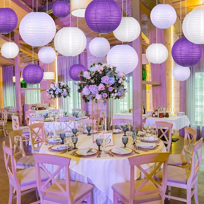 15pcs Paper Lanterns Lavender Purple White Round Hanging Chinese Paper Lanterns 4" 6" 8" 10" 12" for Bachelorette Engagement Wedding Baby Bridal Purple Birthday Decorations