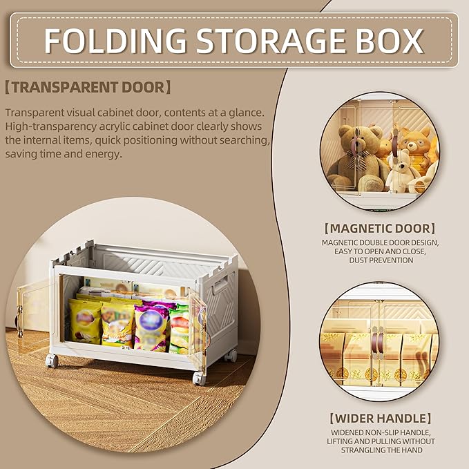 84 QT / 21 Gal Magnetic Door Storage Bins Collapsible Stackable w/1 Lid, Heavy Duty Plastic Cabinet with Wheels for Home Office Organization (White)